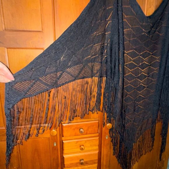 Black Fringe Knit Shawl Wrap | Boho Triangle Scarf | 82x35 + 7” Fringe - Picture 10 of 12